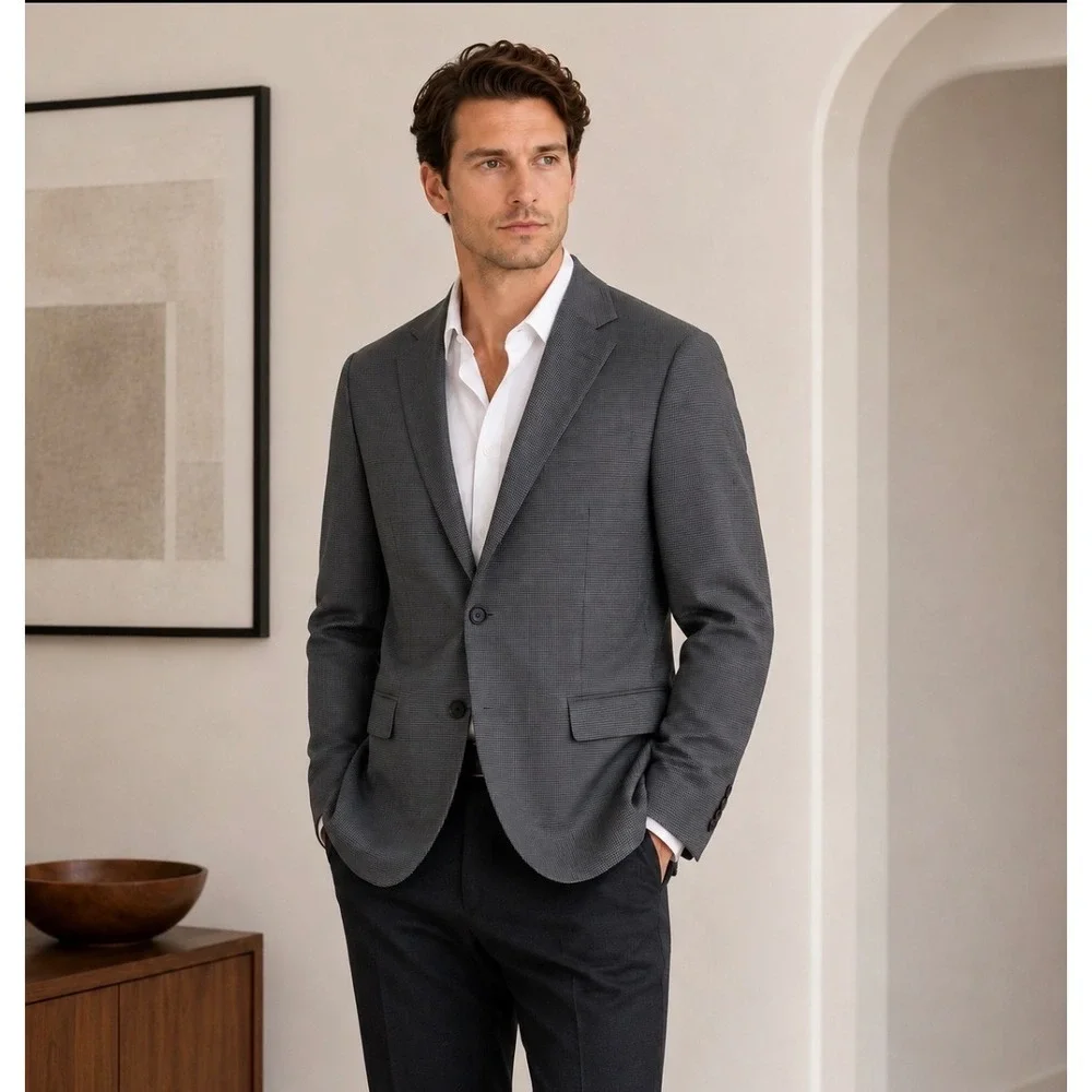 Stafford Men 48L Gray Houndstooth Ecomode CoolMax Wool Suit Coat Jacket Classic
